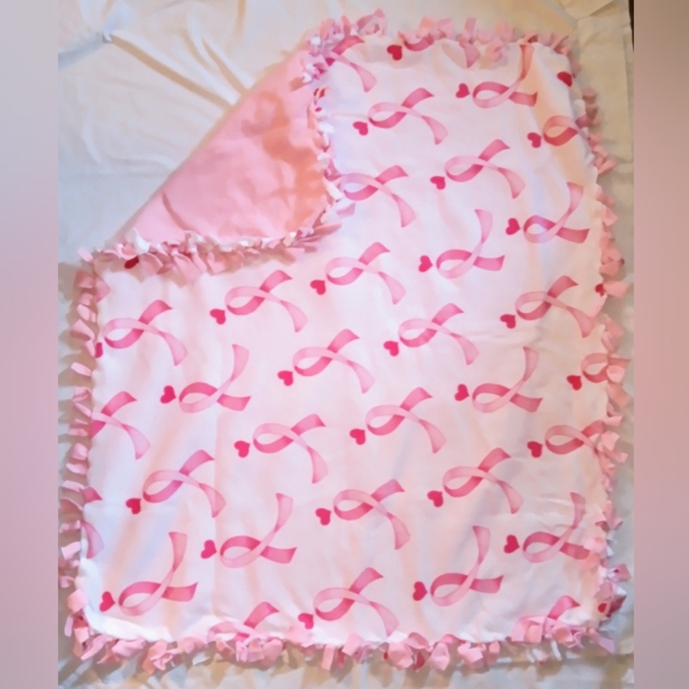 Handmade Tye-end Hearts and Pink Ribbons Fleece Blanket